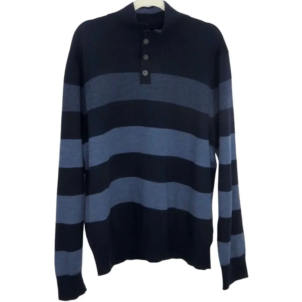 Brooks Brothers Men's Navy Blue Striped Button Up Wool Sweater XL Preppy - Picture 1 of 4
